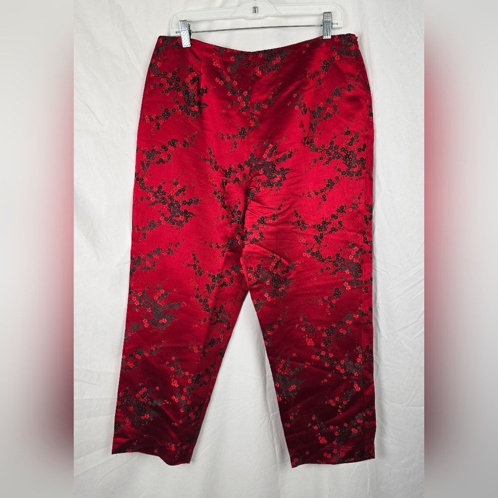 Due per Due Collection Red Embroidered Cherry Blossoms Silk Pants sz 14 Elegant